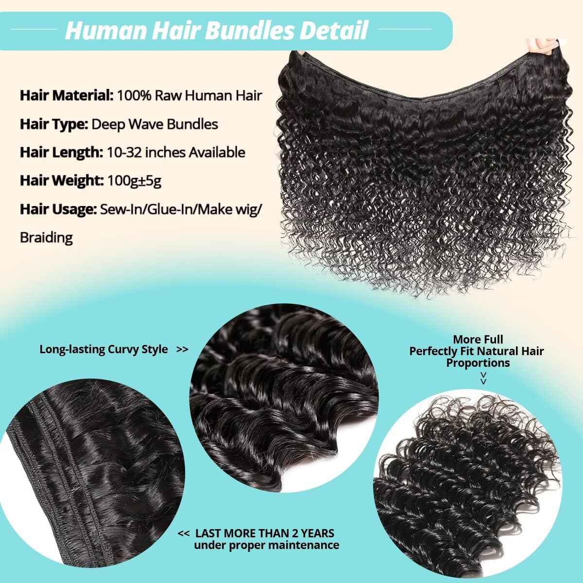 12A Human Hair Bundles 18 Inch Deep Wave Bundles Human Hair 100% Unprocessed Brazilian Virgin Deep Curly Weave 1 Bundle Water Wavy Hair Extensions Real Human Hair 1B Bundle for Women