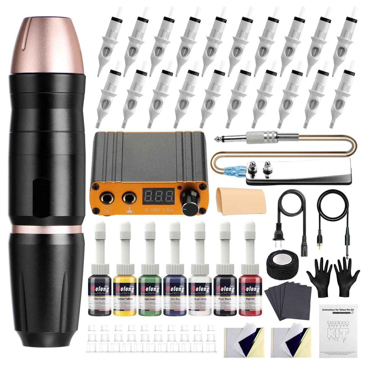 Tattoo Gun,Solong Anti-fatigue Mode Power Supply Professional Tattoo Kits with 5pcs Tattoo Table Covers Clean Pads Rotary Tattoo Machine Starter Kit with 20pcs Tattoo Cartridge Needles