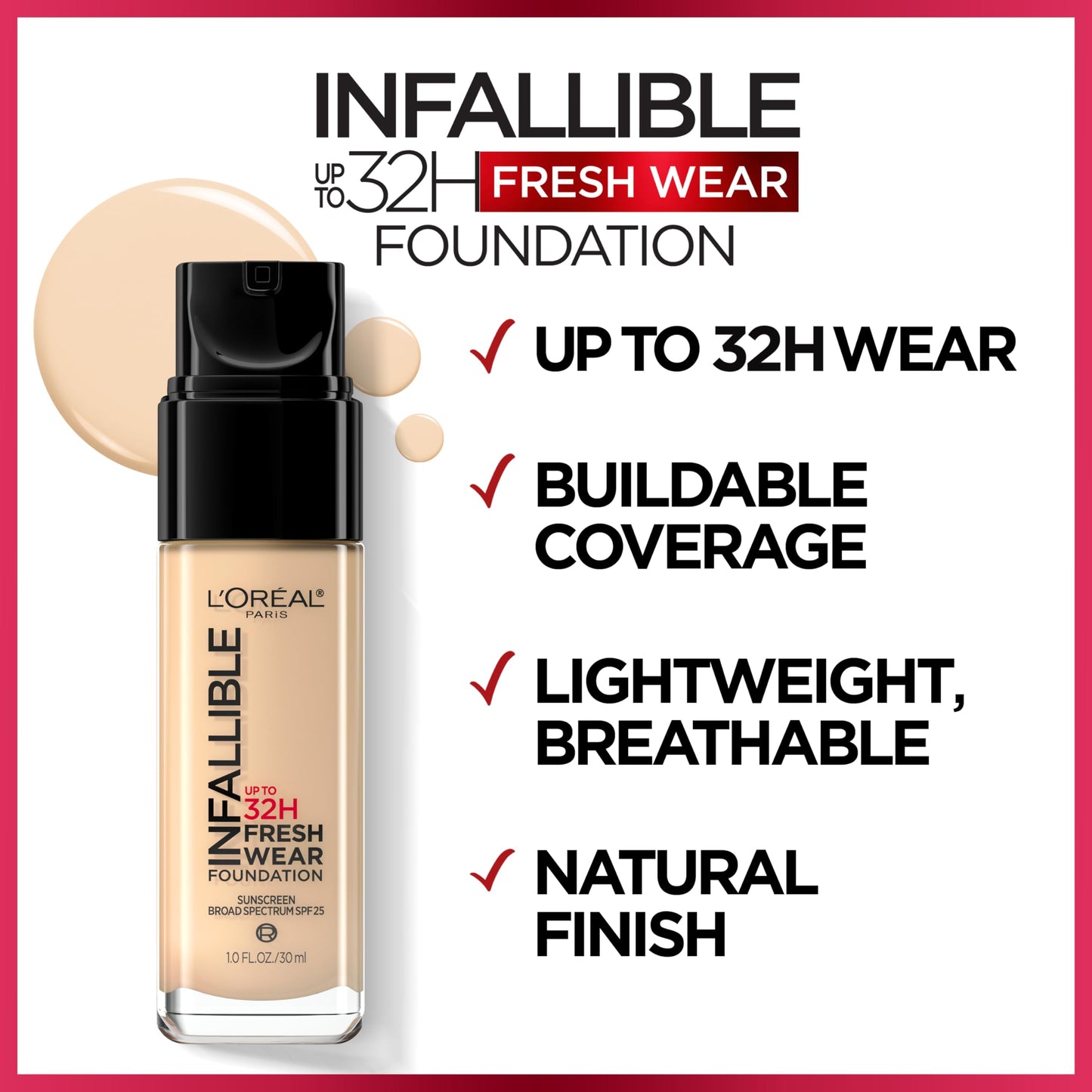 L'Oreal Paris Makeup Infallible Up to 32 Hour Fresh Wear Lightweight Foundation, 410 Ivory, 1 Fl Oz, Packaging May Vary