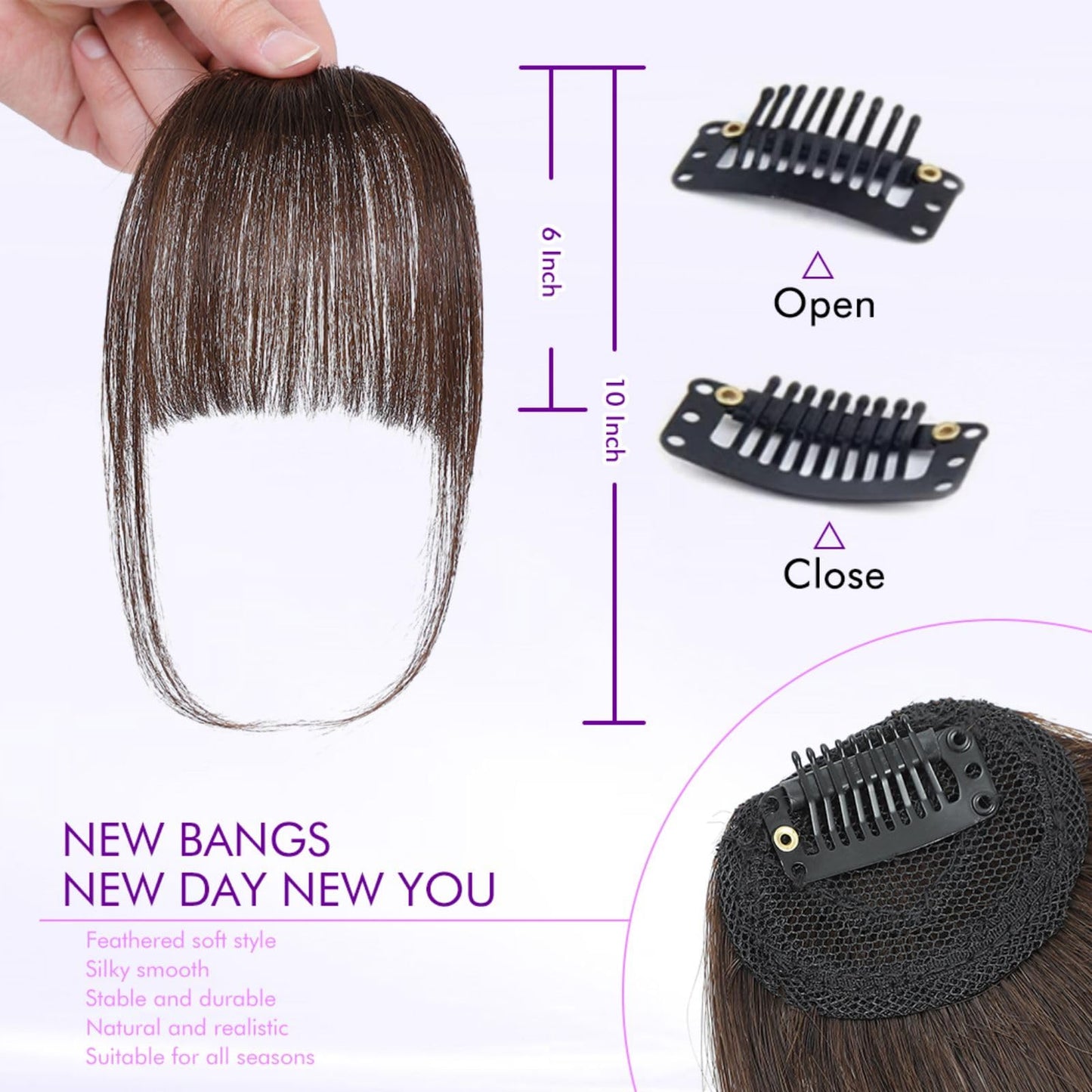 Clip in Bangs 100% Real Human Hair Extensions Wispy Dark Brown Fake Bangs Hair Clip on bangs for women Fringe with Temples Hairpieces Faux Bangs for Daily Wear