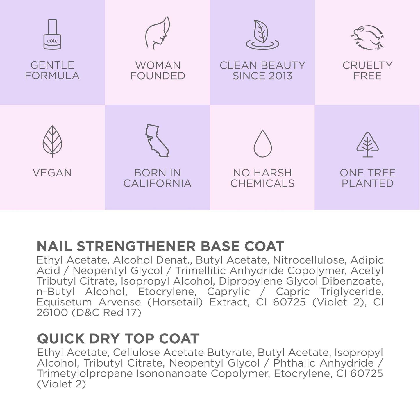 Cote Beauty Nail Strengthener Base Coat & Quick Dry Nail Polish Top Coat Bundle, Strengthens Nails, Fast-Drying Glossy Finish, Chip-Resistant, Long-Lasting, Vegan & Cruelty-Free, 0.27 fl oz Each