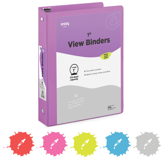 1 Inch 3 Ring Binder 1” Binder Purple Clear View Cover with 2 Inside Pockets, Colored School Supplies Office and Home Binders – by Enday