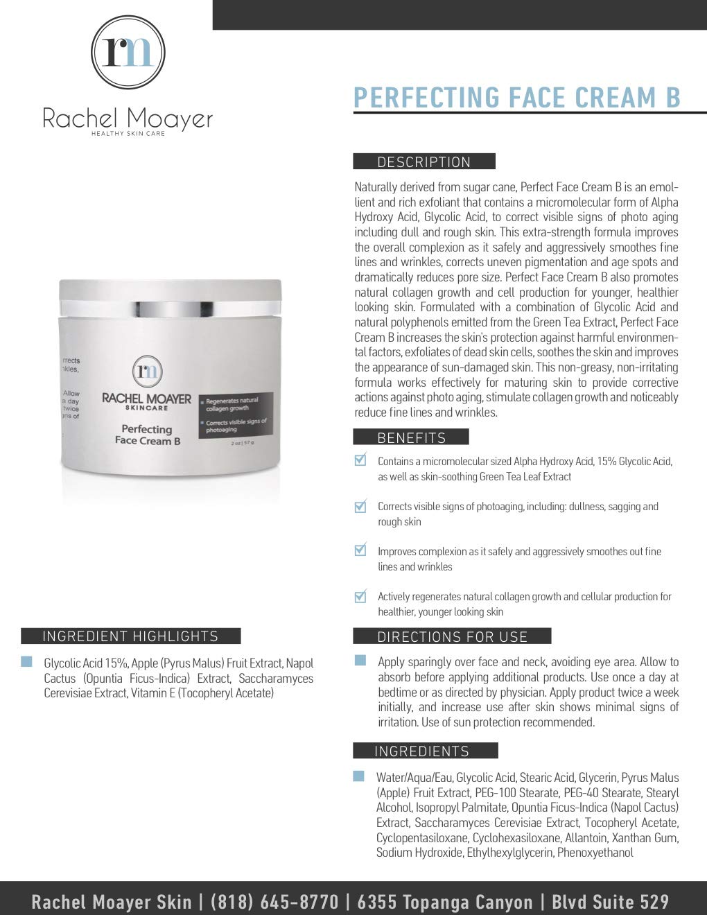 Rachel Moayer Perfecting Face Cream B, Anti Aging Moisturizer for the Face, Perfect for Day & Night, Wrinkle Remover, Boosts Collagen, and Photoaging Repair, for Men & Women