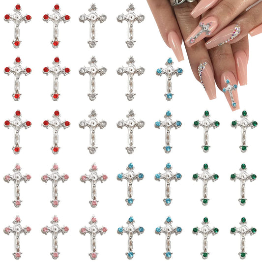 3D Cross Nail Charms for Acrylic Nails, 30pcs Cross Nail Decorations for Nail Art, Gems Diamond Nail Decor, Silver Nail Charm Metal Alloy Crystal Rhinestones Nail Studs for Women DIY Jewelry Crafts