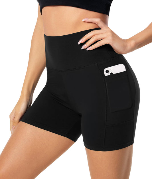 FULLSOFT High Waisted Biker Shorts for Women with Pockets-5" Tummy Control Fitness Athletic Workout Running Yoga Gym Soft Shorts (Black(with Pockets),Small-Medium)