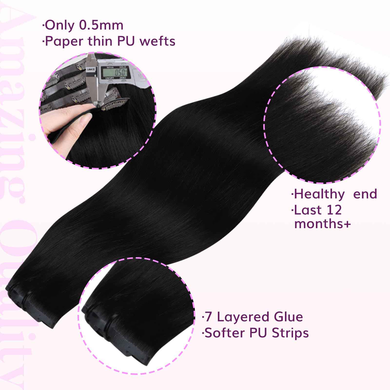 IDN BEAUTY Seamless Clip In Hair Extensions Human Hair Jet Black Real Remy Virgin Human Hair Seamless Clip Ins For Black Women PU Weft Invisible Edge Thick Soft Hair ST 80g 12 Inches