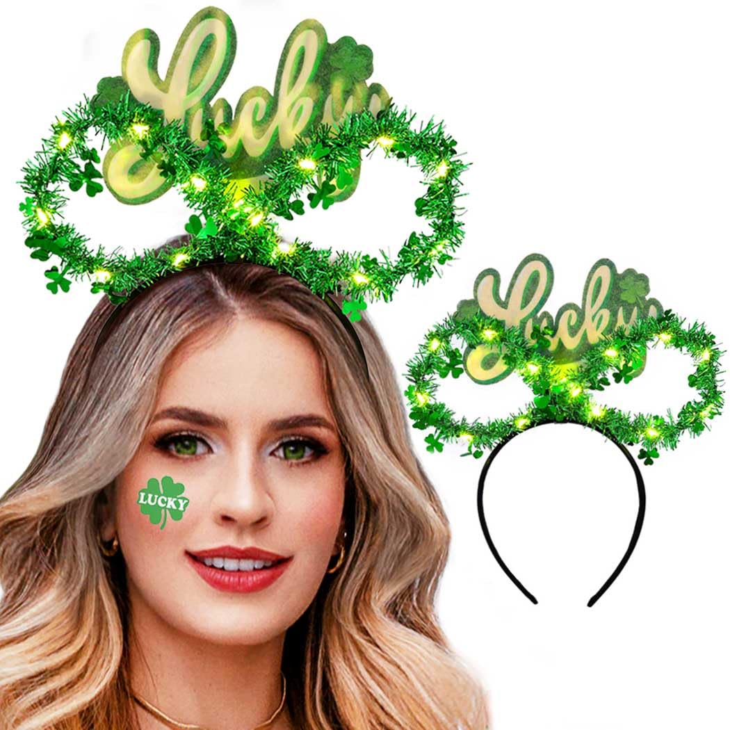 Aksod Light Up St Patricks Day Headband Green Shamrock Headpiece Glitter Lucky Clover Hair Accessories for Women (Style D)