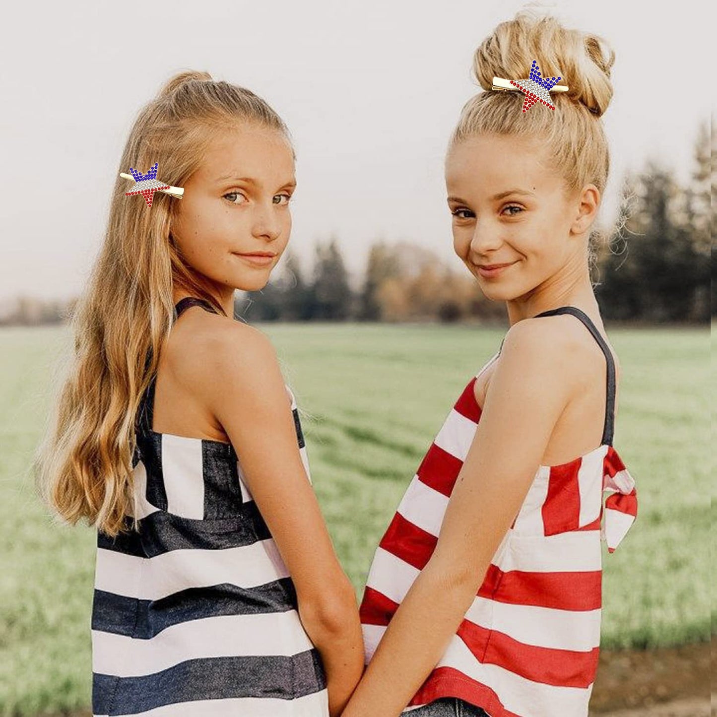 4th of July Patriotic Hair Clips Rhinestone American Flag Star Heart Bows Alligator Metal Clips Crystal Red White and Blue USA Independence Day Hairpins Hair Accessories for Women Girl