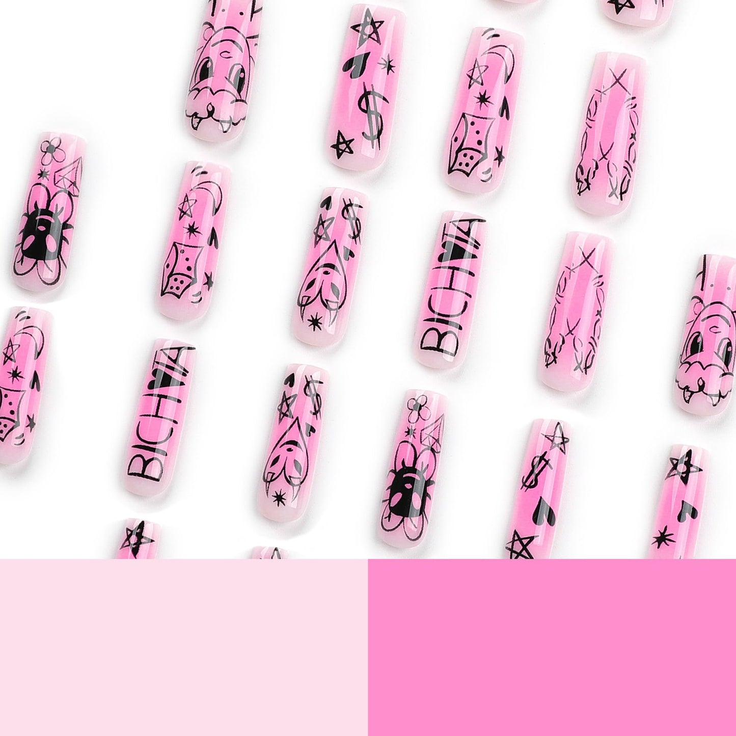 RTKHFZE Valentines Long Press on Nails Square Fake Nails Girly Pink Full Cover Acrylic Nails with Cute Stars Moon Designs Artificial False Nails 24Pcs Extra long Stick on Nails for Women Manicure