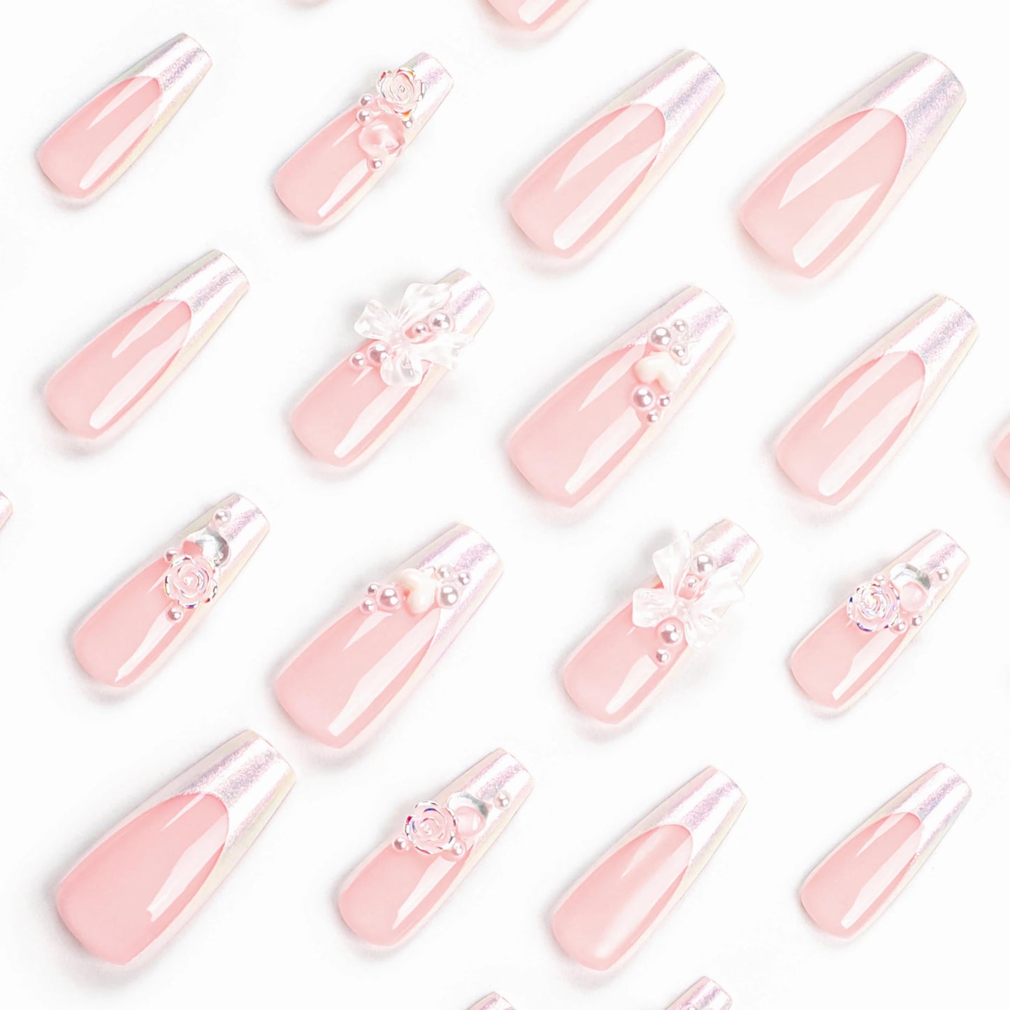 BABALAL French Tip Press on Nails Long Coffin Fake Nails White Chrome Glue on Nails 3d Bow Flower Pearl Charm Design Acrylic Nails 24Pcs Ballerina Manicure Spring False Nails for Women and Girls