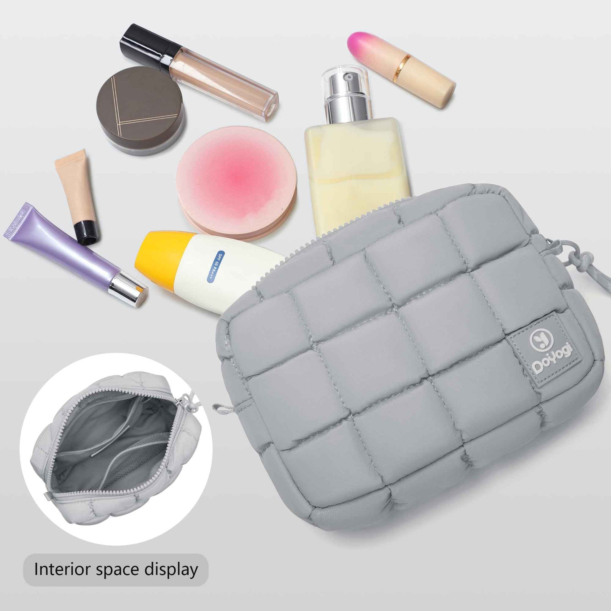 DOYOGI Quilted Cosmetic Bag, Puffer Makeup Bags, Crossbody Purses for women,Cute Travel Toiletry Bag for Women (Grey)