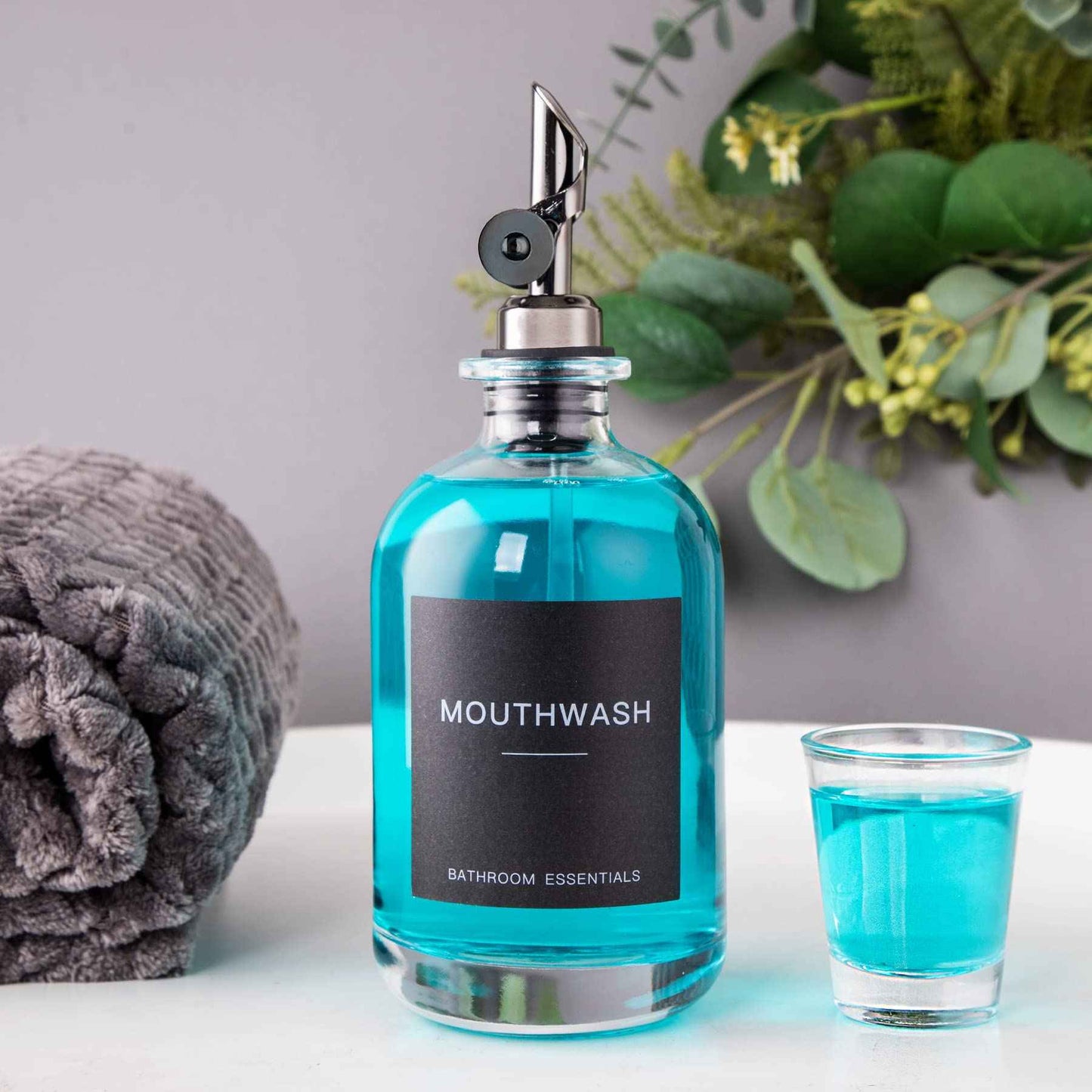 HomeFeel Black Glass Mouthwash Dispenser with Cups, 12.7 oz, 2 Pack - Clear Mouthwash Bottle with 304 Stainless Steel Spout & Minimalist Labels, Style Mouthwash Container for Bathroom