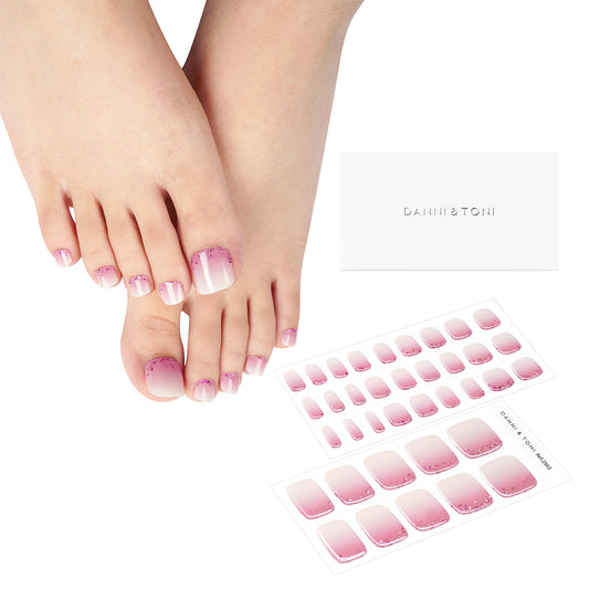 DANNI & TONI Semi Cured Gel Toenail Strips Pink Ombre (Ruby Frost) Rose Red Glitter Gel Toenail Stickers Reverse French Gel Pedi Wraps 37 Stickers