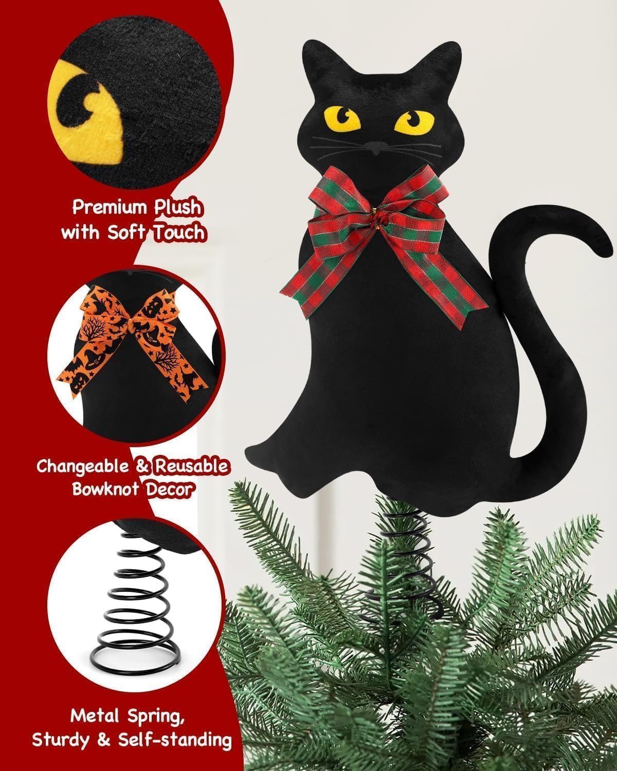 Black Cats Christmas Tree Topper with Stand and Changeable Bows Halloween Xmas Tree Ornament Winter Holidays Home Decorations Cat Lovers Gift Ideas