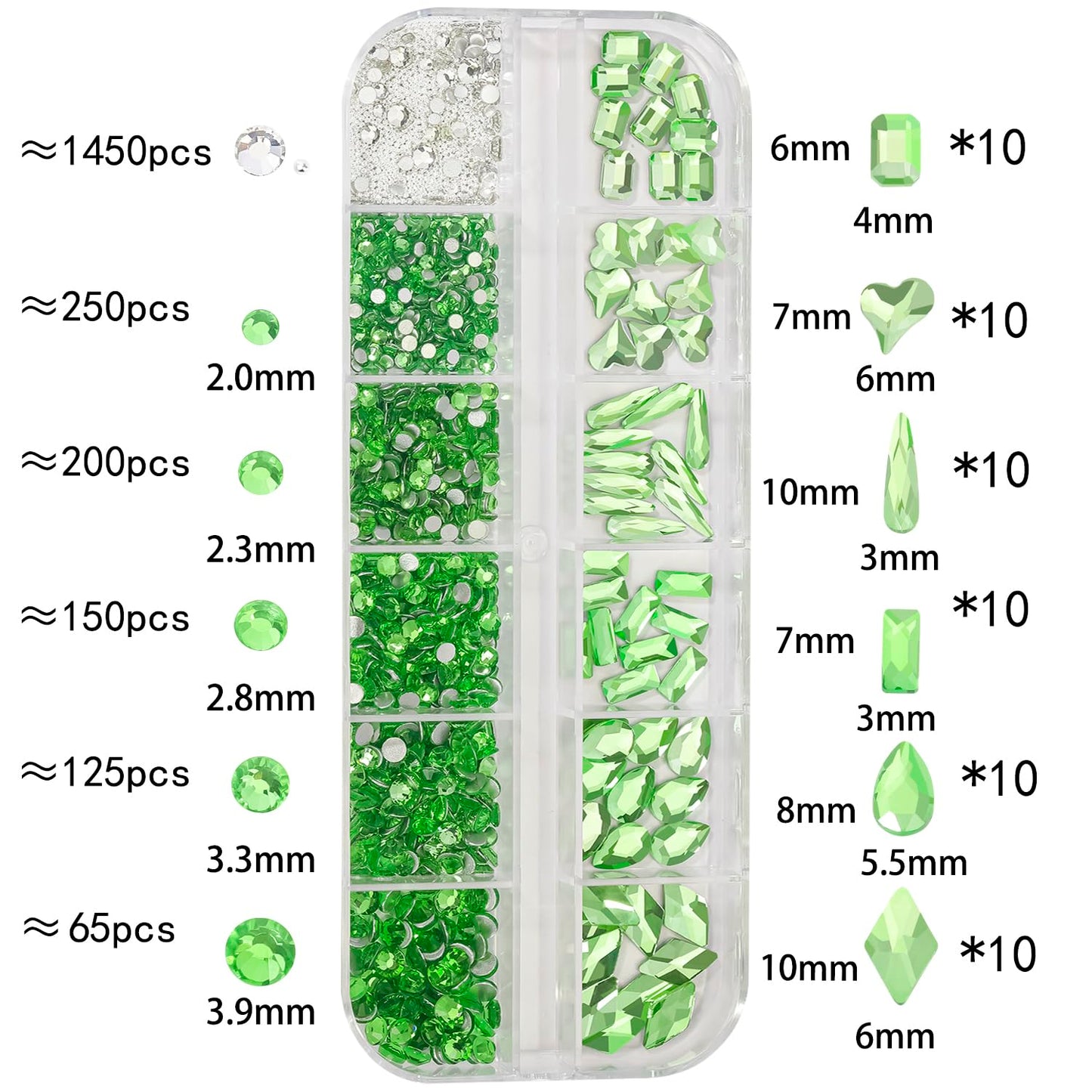 DZHILHMX Nail Rhinestones - 3D Multi Shape Size, Light Green, Beads, Flat Back, Gems Rhinestones, for Nail Art and DIY Decor