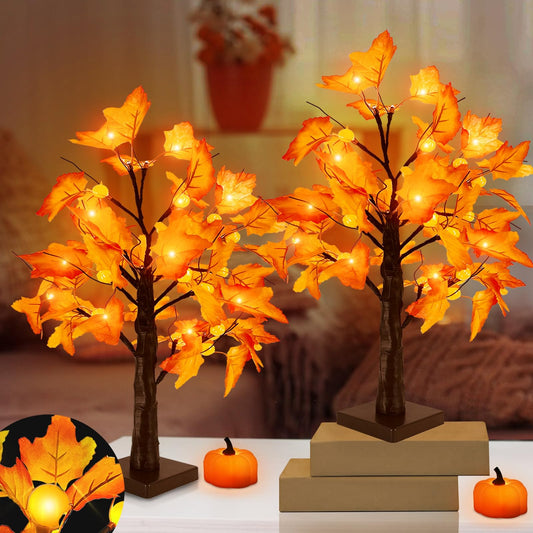 TURNMEON 18'' Fall Thanksgiving Lighted Maple Tree with Timer 24 Pumpkin Lights Battery Operated Lighted Artificial Maple Leaf Tree for Thanksgiving Decor Fall Autumn Harvest Home Tabletop Indoor