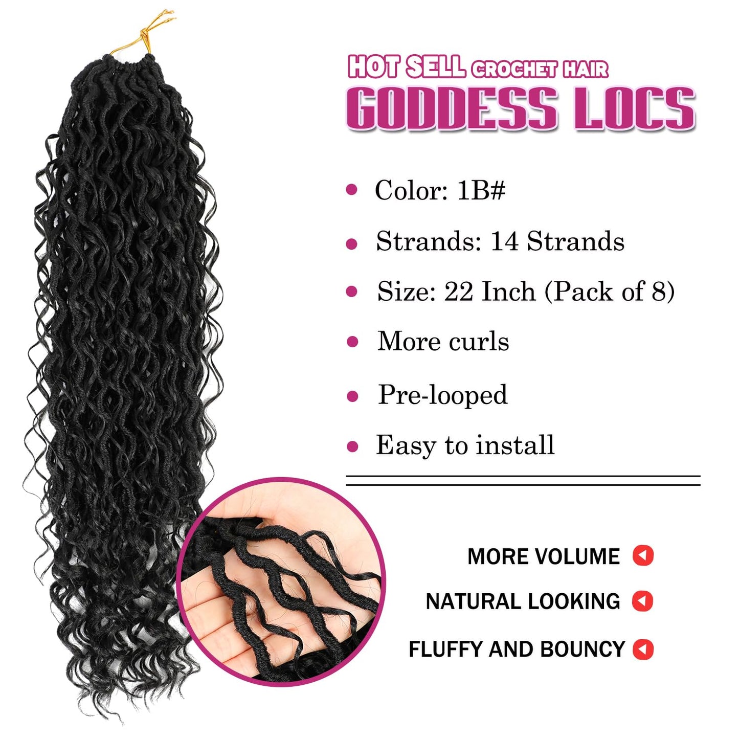 8 Packs Goddess Faux Locs Crochet Hair for Black Women, Long Goddess Locs Crochet Hair, Boho Style Locs, River Locs Crochet Hair with Curly Ends (22Inch, 1B#, 8Packs)