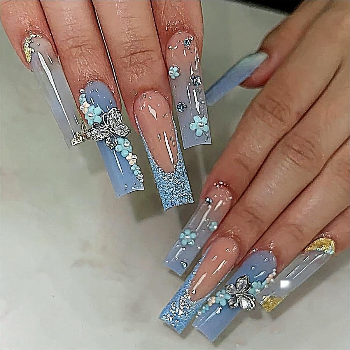 Rchovsam Blue Extra Long Press on Nails Square Fake Nails Butterfly Flowers with Diamond Stick on Nails Glue on Nails Blue with Glitter Square Press on Nails for Wemon and Girls 24pcs