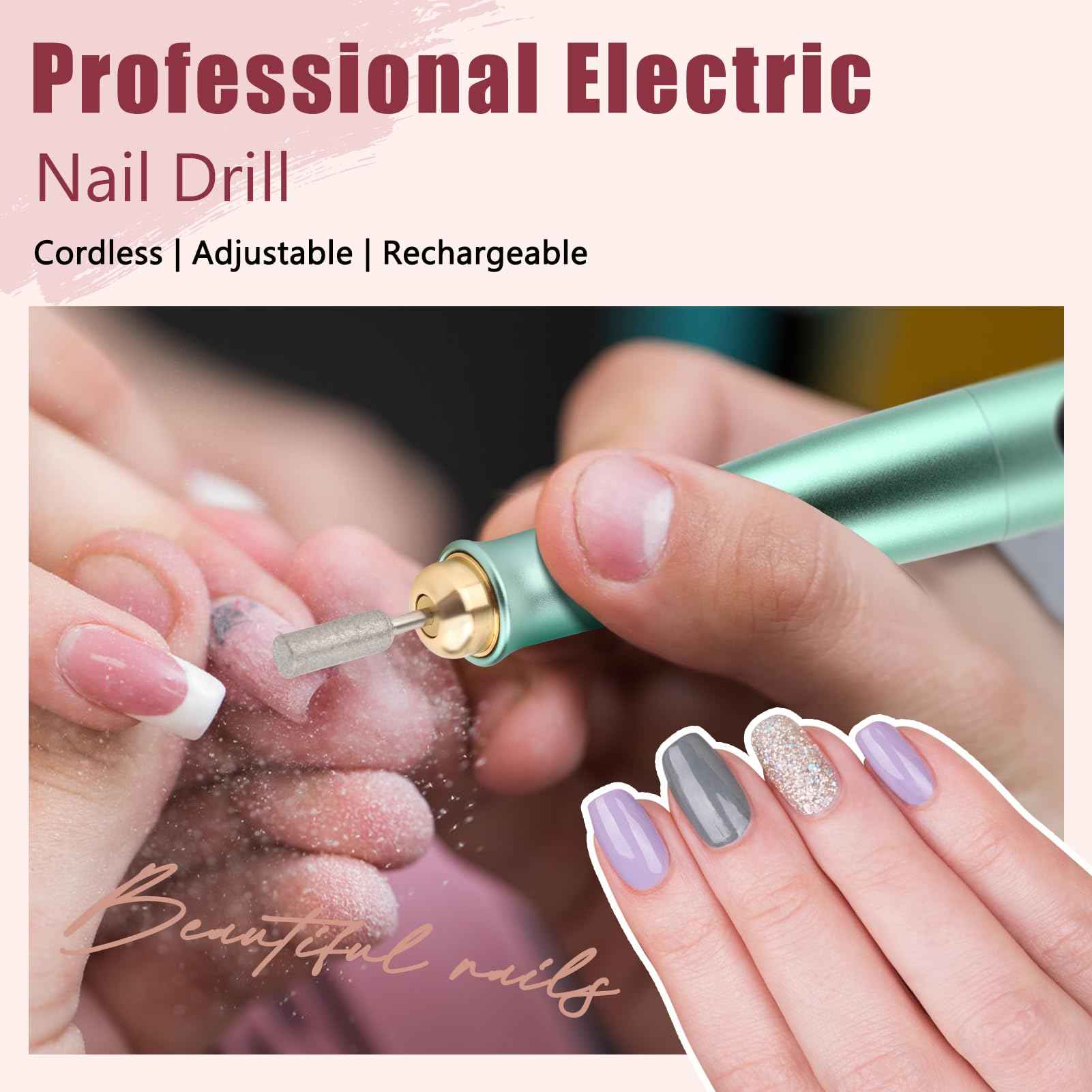 VINGVO Cordless Electric Nails Drill Filer Set, Professional Manicure Pedicure Kit with Bits for Acrylic, Portable Electric Files & Buffers for Toenail Cuticle Hand Foot Care Polish Tool (Green)