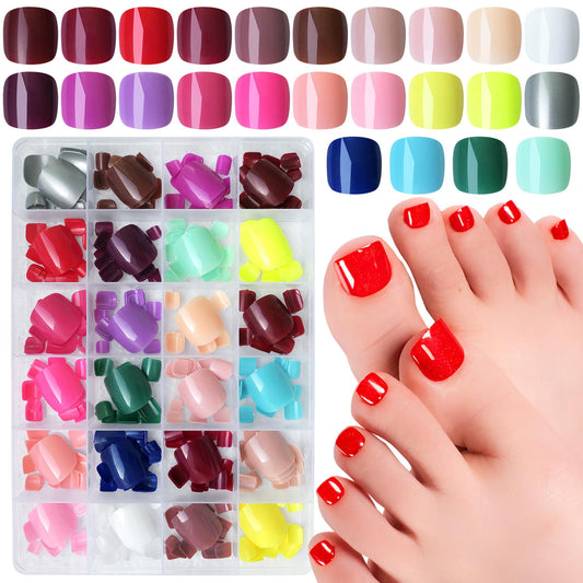 Lifextol Short Press on Toenails, 576pc Colored Fake Toe Nails Short Square Press on Toes Nail Full Cover Acrylic Toenail Tips Artificial Toes Pedicure Glue Tab False Toenails for Women Girls Kids