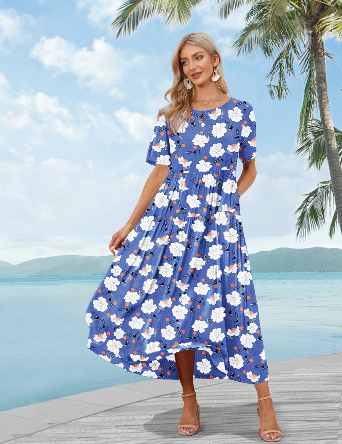 YESNO Women Casual Loose Bohemian Floral Dress with Pockets Short Sleeve Long Maxi Summer Beach Swing Dress S EJF CR395