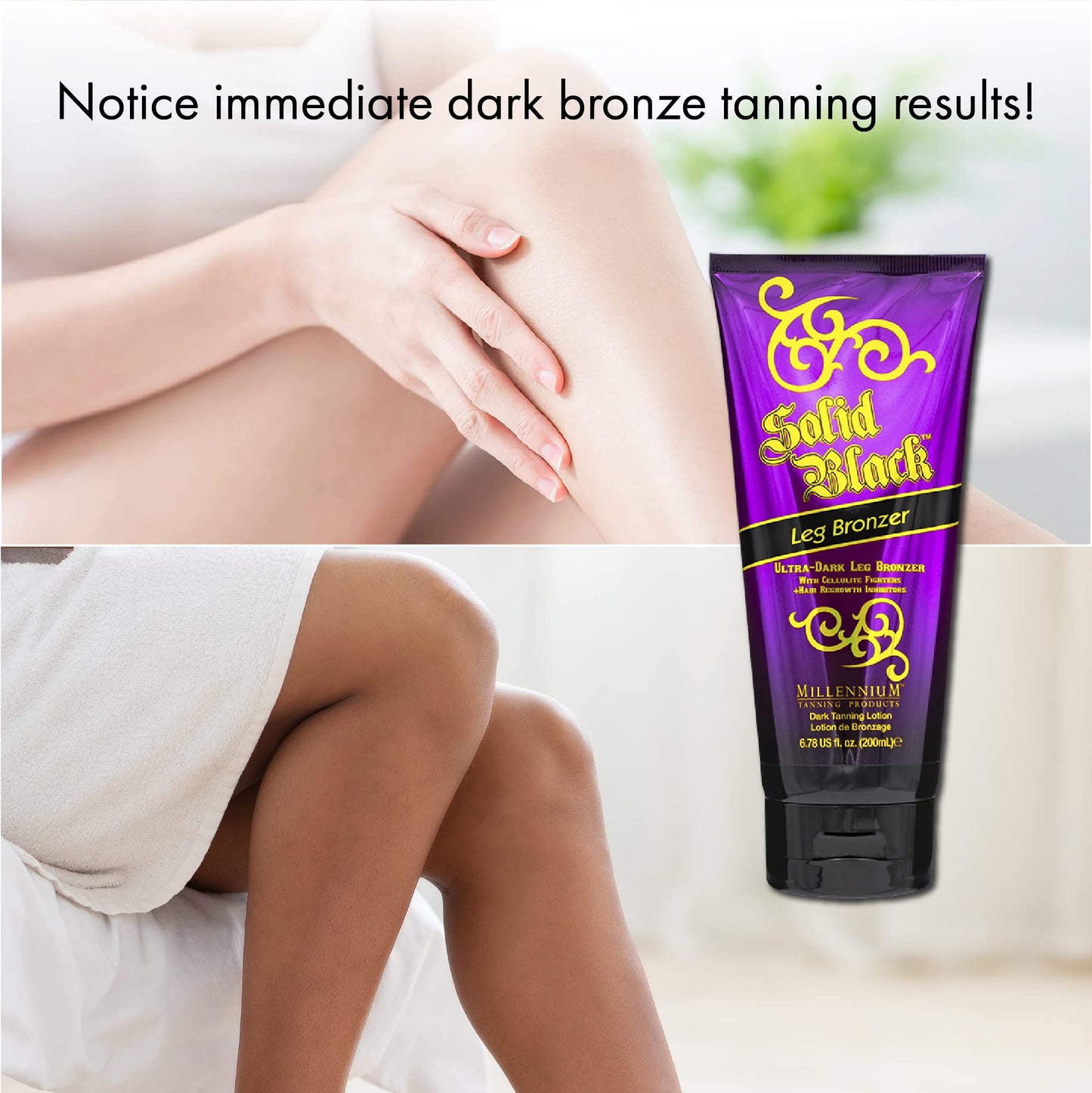 Millennium Tanning Solid Black Leg Bronzer - Tanning Lotion w/Cellulite Fighters, 6.78 Ounces