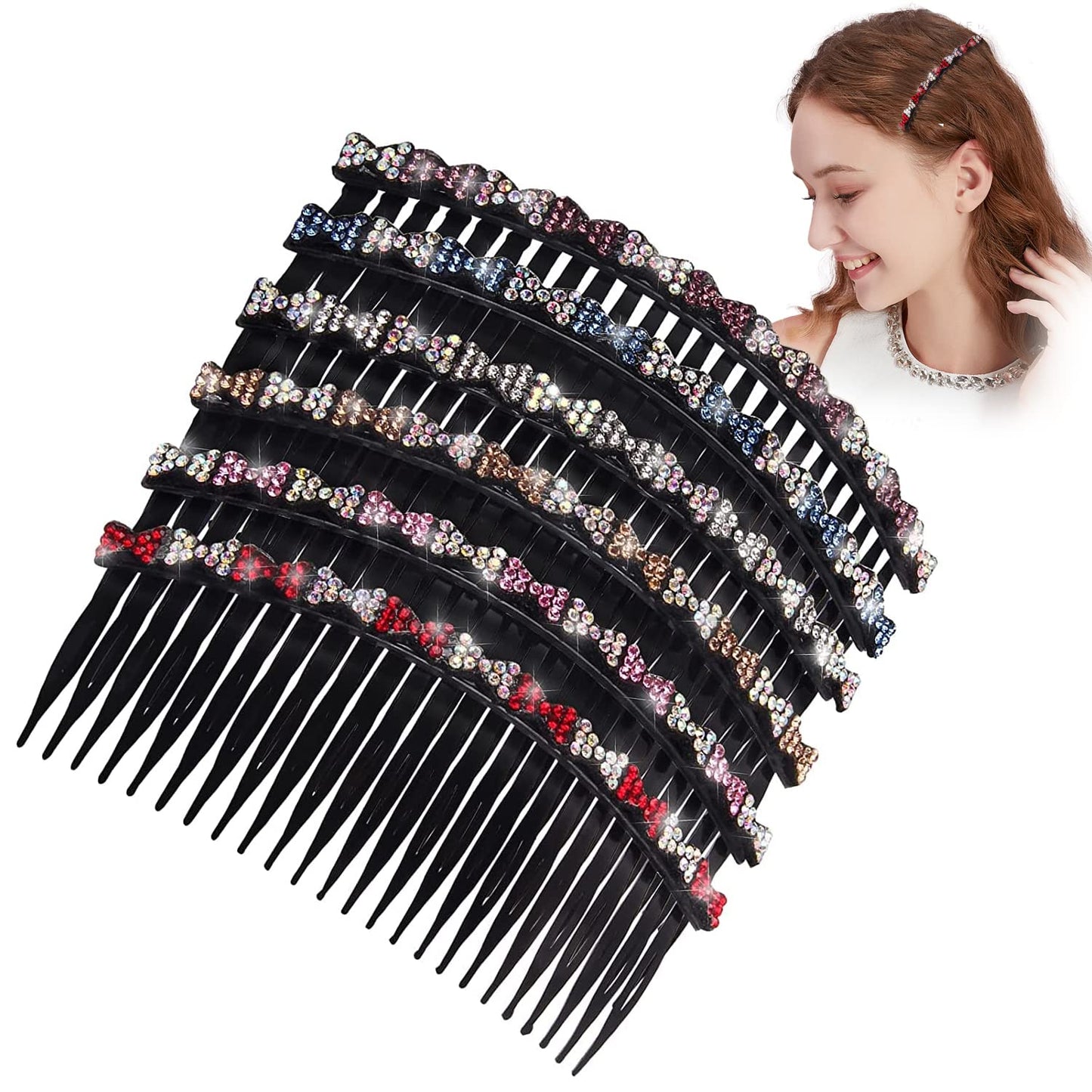 6Pcs Rhinestones Plastic Side Hair Combs for Women 24 Teeths Hair Comb Clips French Side Hair Comb Clip Set Twist Comb Hair Accessories for Fine Hair Women Girls - Glitter Bow