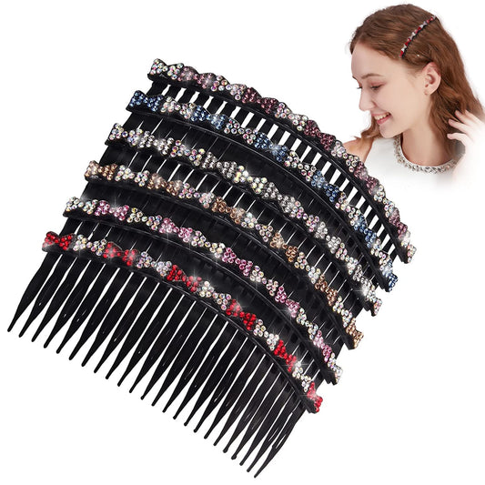 6Pcs Rhinestones Plastic Side Hair Combs for Women 24 Teeths Hair Comb Clips French Side Hair Comb Clip Set Twist Comb Hair Accessories for Fine Hair Women Girls - Glitter Bow