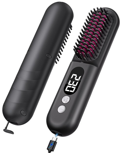 Easywave Cordless Hair Straightener Brush: Portable Straightening Comb for Travel, 9600mAh Batt, 200 Million Negative Ions - Hot Brush Hair Straightener for Women, USB Rechargeable, Anti-Scald