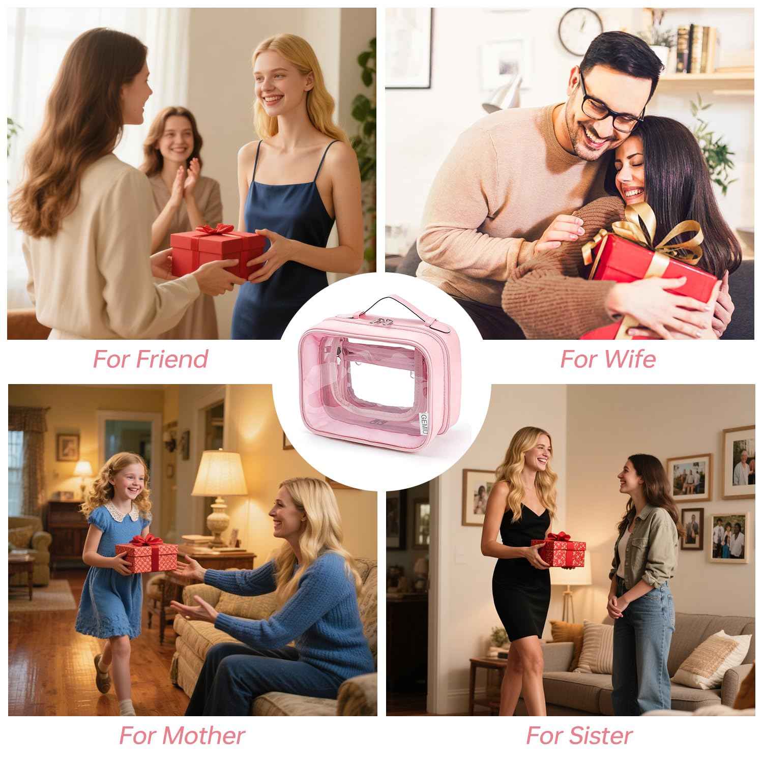 GEMIU Clear Makeup Bag Toiletry Bag for Women 4 Compartments Travel Cosmetic Case Large Capacity Waterproof Skincare Pouch Organizers with Zippe Deep Pink