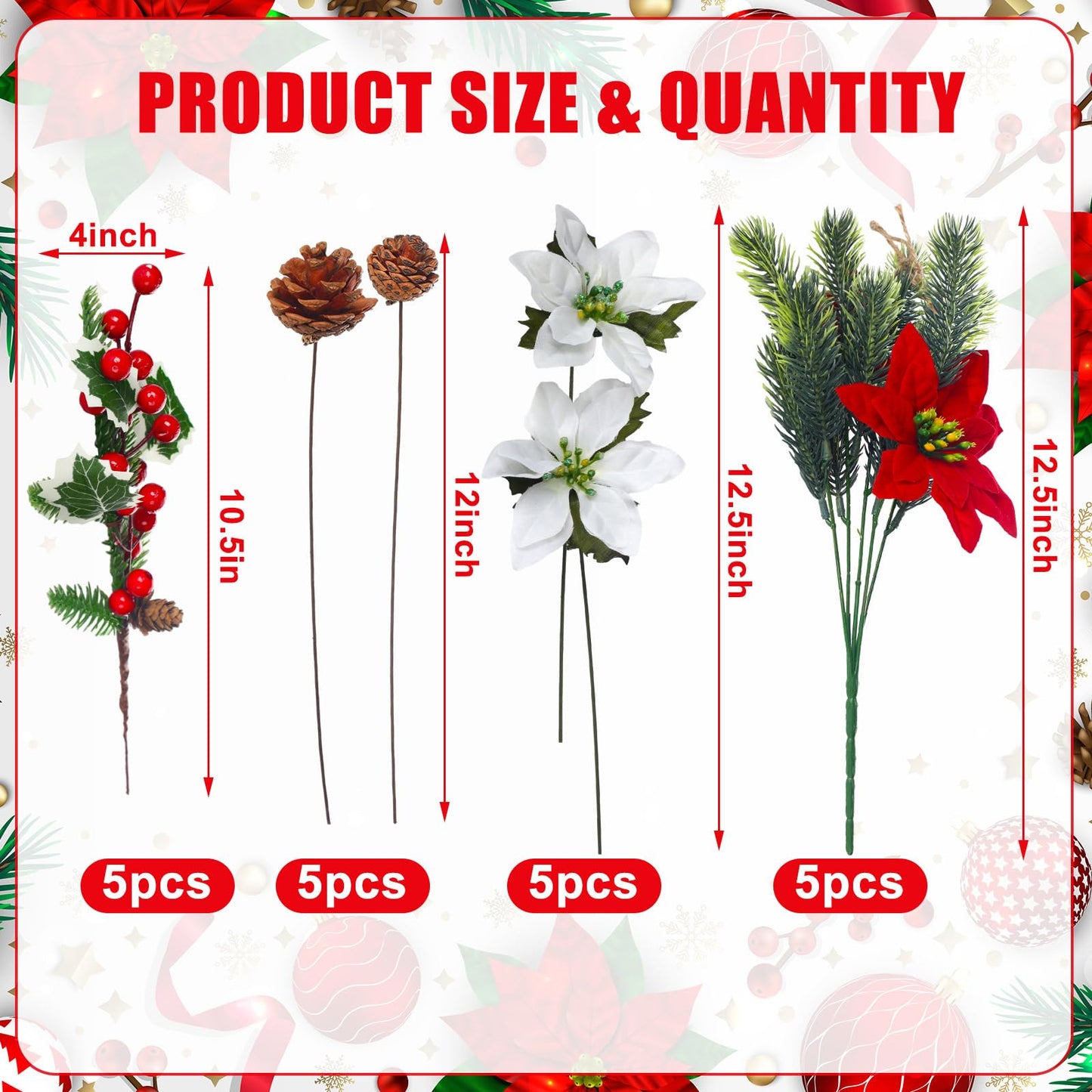 Craftsatin 20 Pcs Christmas Red Artificial Flowers Bouquet Christmas Floral Pine Cones Holly Holiday Floral Picks for Xmas Tree Party Decoration DIY Indoor Table Centerpieces (Red, Green, White)