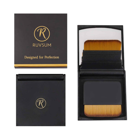 Foundation Brush with Vegan No-Shed Bristles, Wide Flat Head for Cream Liquid or Sunscreen, Dual Replaceable Heads, Mirror and Magnetic Case, Ideal for Daily Use at Home or On the Go