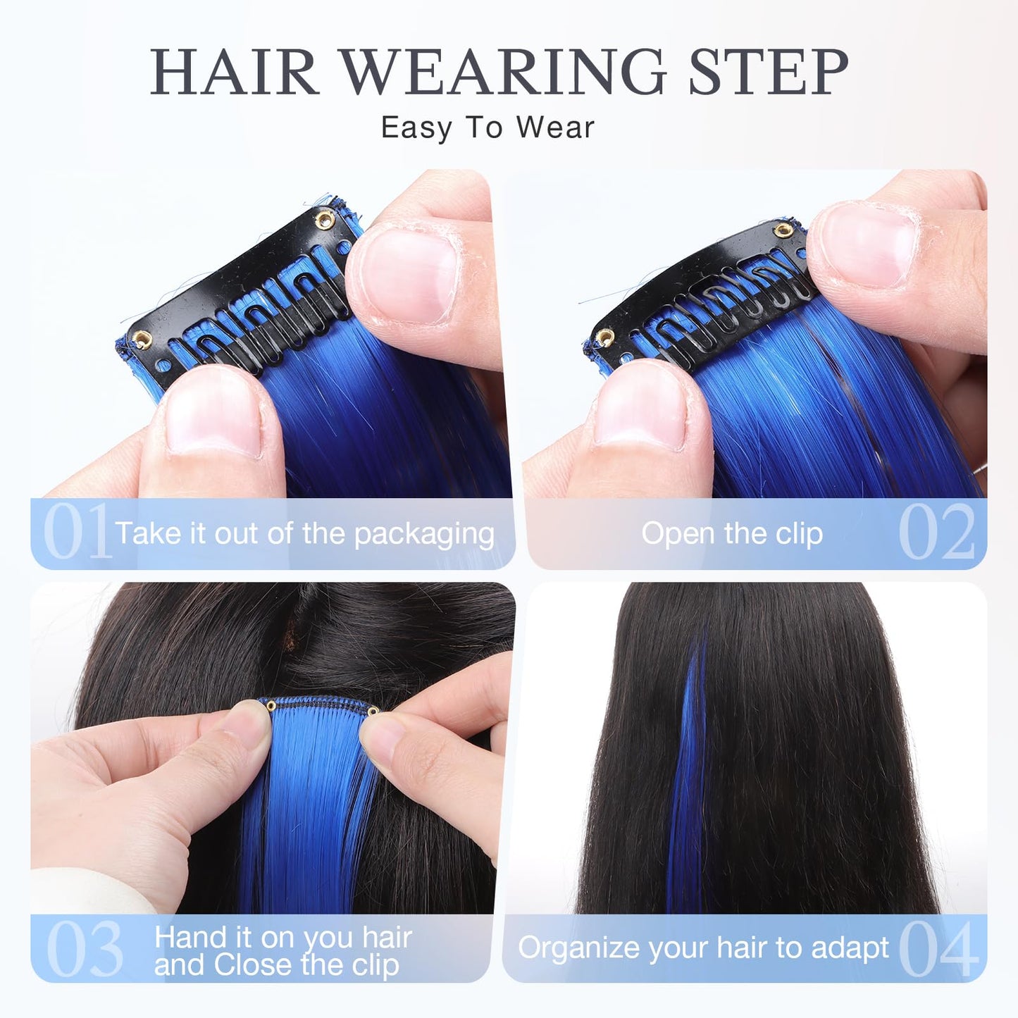 DOORES 22 Inch Colored Clip in Hair Extensions, 12 Pcs Blue Colored Hair Extensions Party Highlights Gift Scene Hair Extensions Birthday Gifts for Girls Synthetic Hairpiece Straight (Blue)