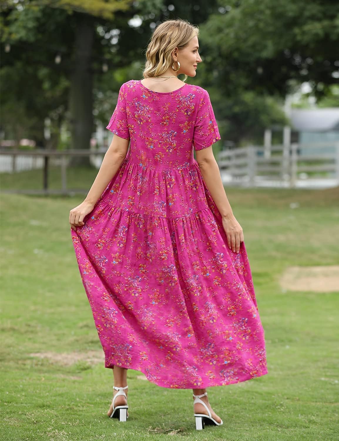 YESNO Women Casual Loose Bohemian Floral Dress with Pockets Short Sleeve Long Maxi Summer Beach Swing Dress XS EJF CR26 Pink