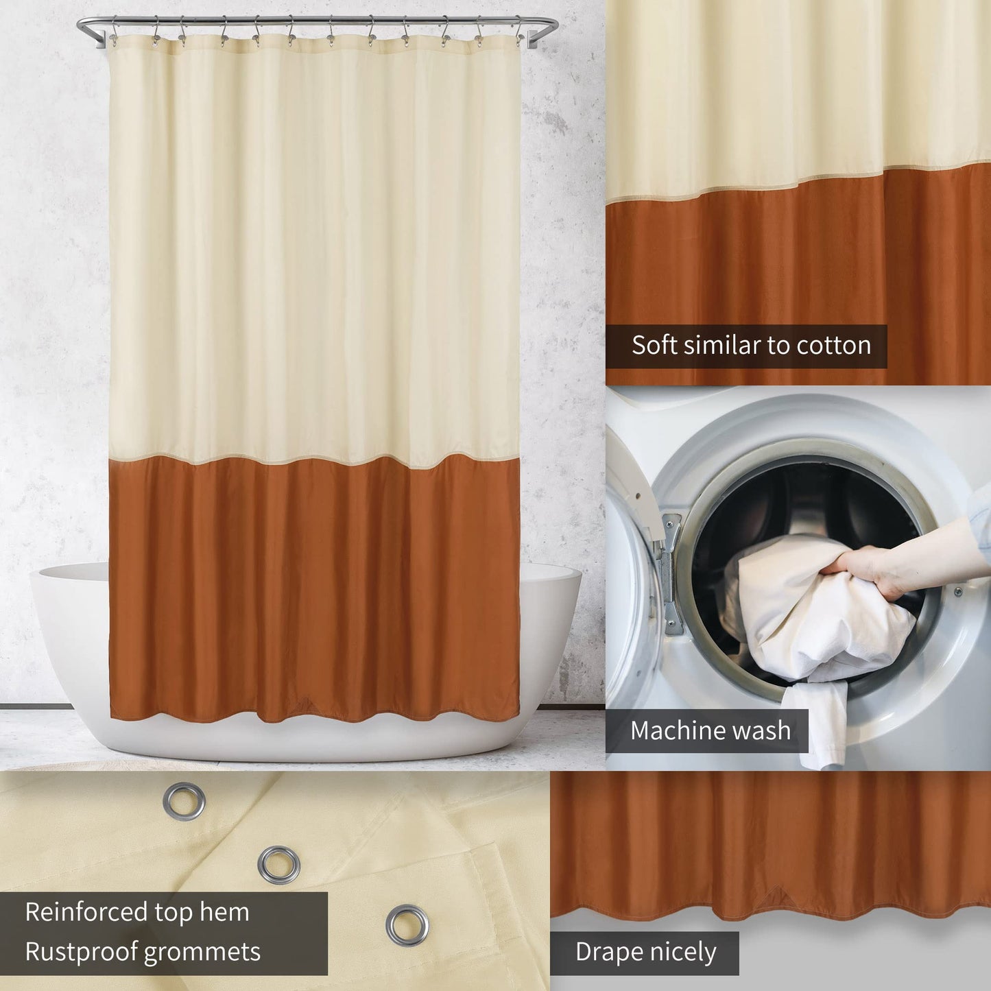 ALYVIA SPRING Waterproof Fabric Shower Curtain Liner - Soft & Light-Weight Cloth Shower Liner, 3 Bottom Magnets, Hotel Quality & Machine Washable - Standard Size 72x72, Cream and Orange