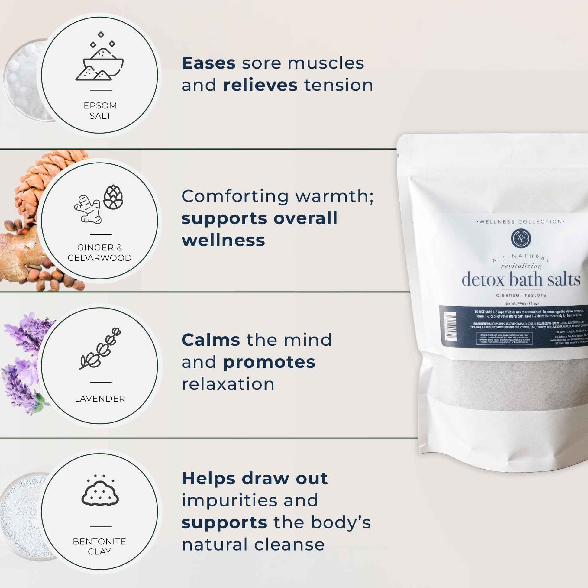 Rowe Casa Organics Detox Bath Salts with Health Boosting Magnesium and Bentonite Clay – Natural Bath Soak for Body Cleanse, Restore, and Relaxation, 35 Oz