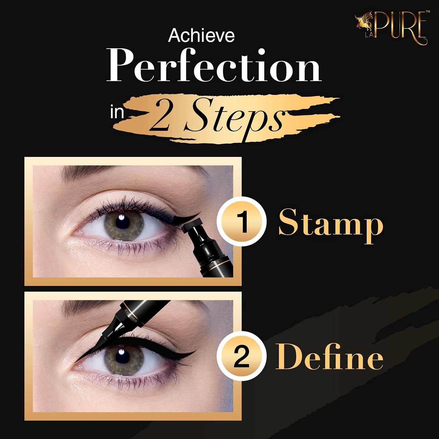 LA PURE Wing Eyeliner Stamp Pens 2x Liquid Cat Eye Winged Eyeliner Stamp & Fine Tipped Pen Eyeliner Stencil Smudge Proof Black Eye Liner Tiktok Trend Items Sweatproof -Black 10mm