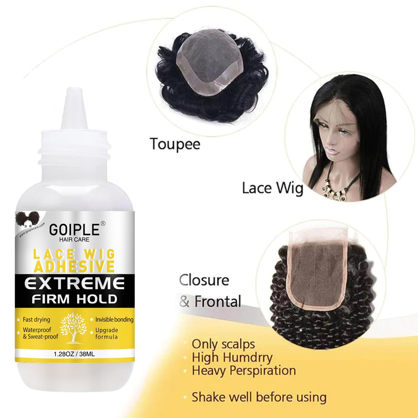 Goiple Wig Glue 1.34fl oz, Waterproof Lace Front Wig Glue for Wigs with Tools and Hair Wax Stick, Wig Glue*1/ Wig Glue Remover*1/ Hair Wax Stick*1 (38ML+30ML+0.56OZ)