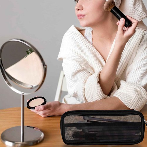8.3 X 4 Inch 2 PCS Mesh Makeup Brush Bag Clear Travel Makeup Brush Holder Portable Mesh Travel Toiletry Bag with Zipper, Transparent Makeup Brush Storage Bag Cosmetics Brushes Organizer (Black)