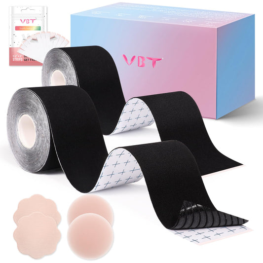 VBT 2 Pack Boob Tape - Breast Lift Tape, Body Tape for Breast Lift w 2 Pcs Silicone Breast Reusable Adhesive Bra& 2 Pcs Fabric Nipple Covers, Bob Tape for Large Breasts A-G Cup, Black