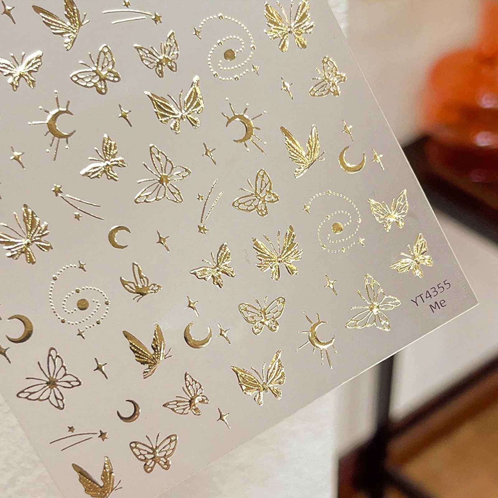 5D Embossed Gold Nail Stickers Butterfly Nail Art Stickers Spring Nail Decals Golden Self-Adhesive Star Moon Nail Decals for Women Girls Acrylic Nails Manicure DIY Nail Supplies