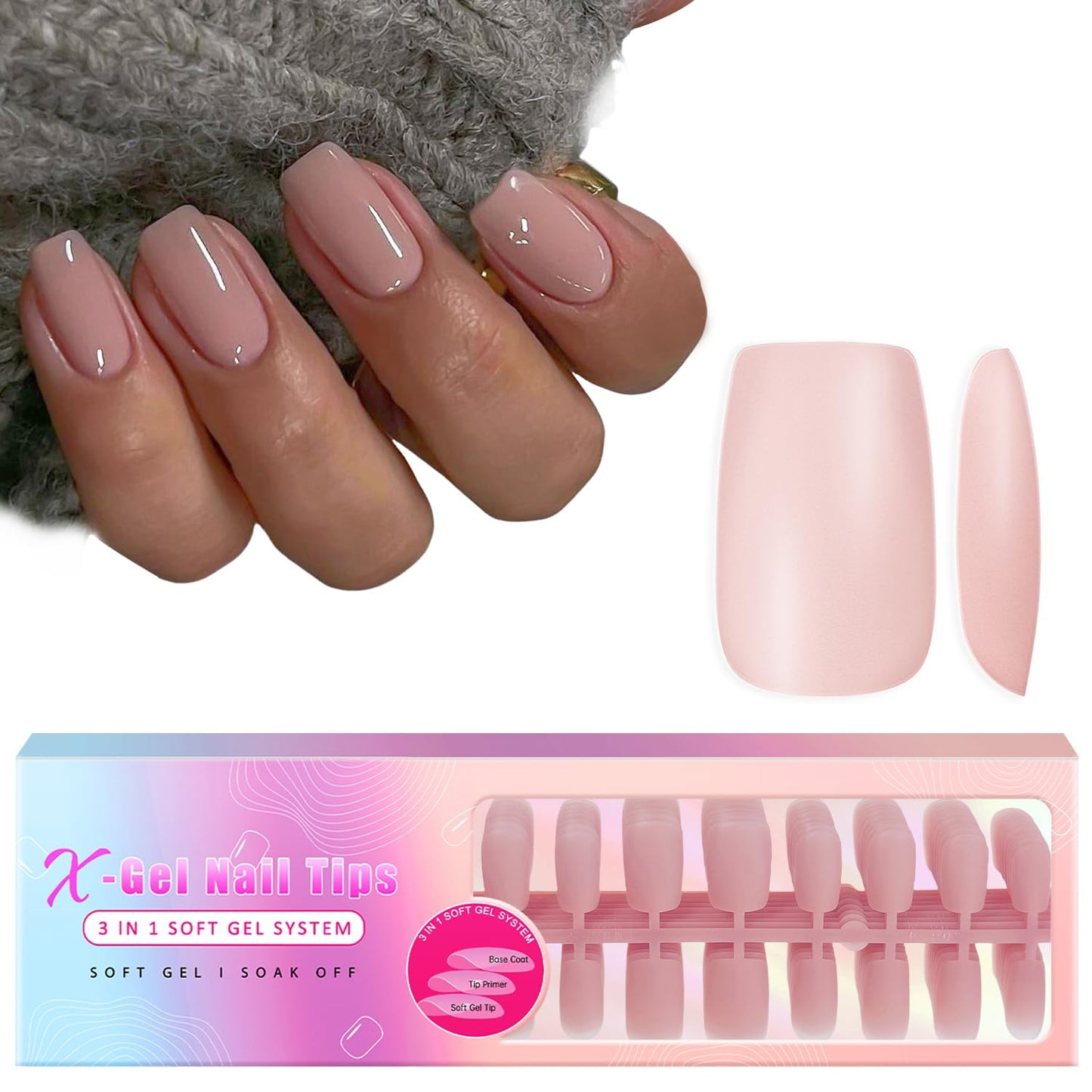 KQueenest Soft Gel x Nail Tips with Tip Primer - 300 Pcs Press on Nails Medium Short Square, Natural Fake Nail Tips, Pre-Colored Acrylic Nails, Gel x Tips Nail Extension for DIY Nail Art, Pink