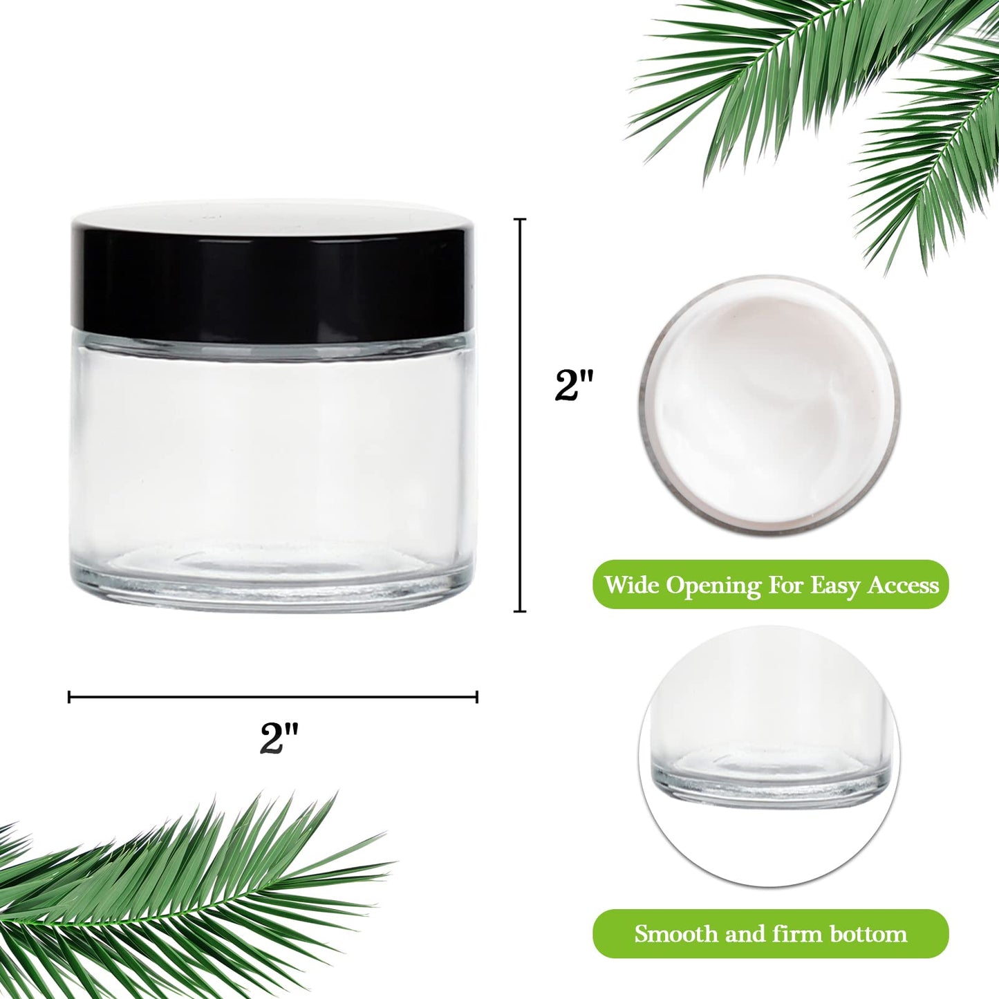 2oz Jars with Lids, HOA Kinh 40 Pack Clear Glass Jars with Lids Empty Cosmetic Containers Round Airtight Glass Jar with Black Lids for Storing Lotions Powders Ointments