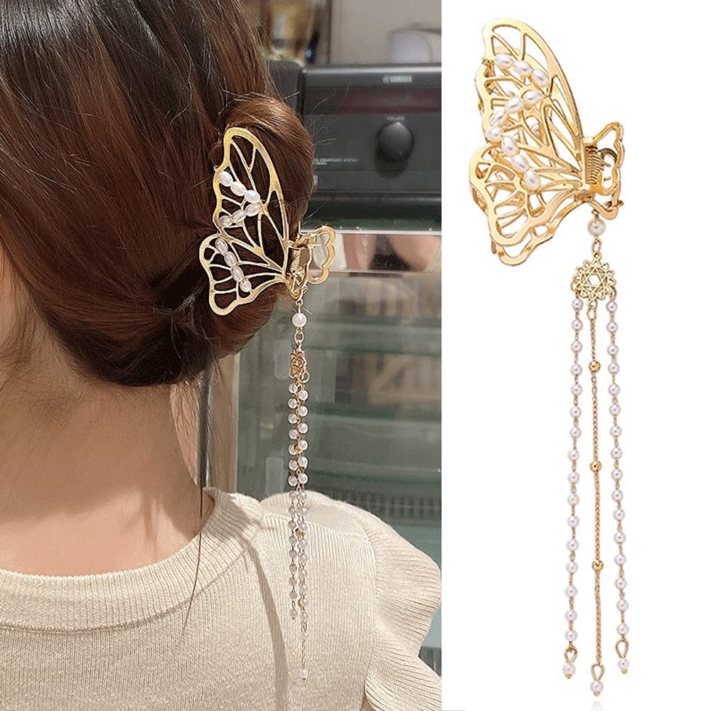 Butterfly Hair Clips 2PCS Claw Clip Big Nonslip Gold Hair Clamps Hair Accessories Butterfly Tassel Hair Catch Clip for Women and Thinner Thick Hair Styling Fashion Hair Supplies (Little Pearl)