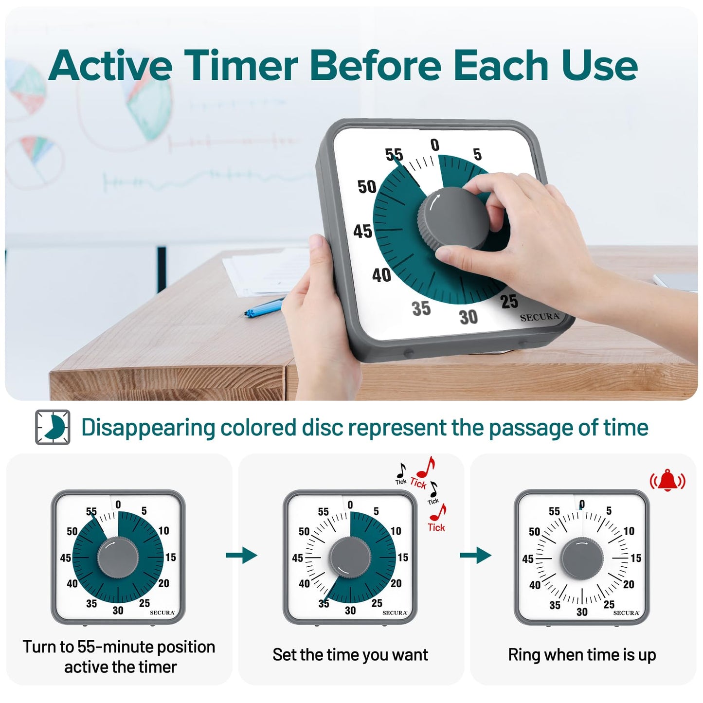 Secura 7.5 Inch Visual Timer, 60 Minute Visual Oversize Countdown Timer for Kids and Adults, Durable Mechanical Time Management Tool (Dark Green)