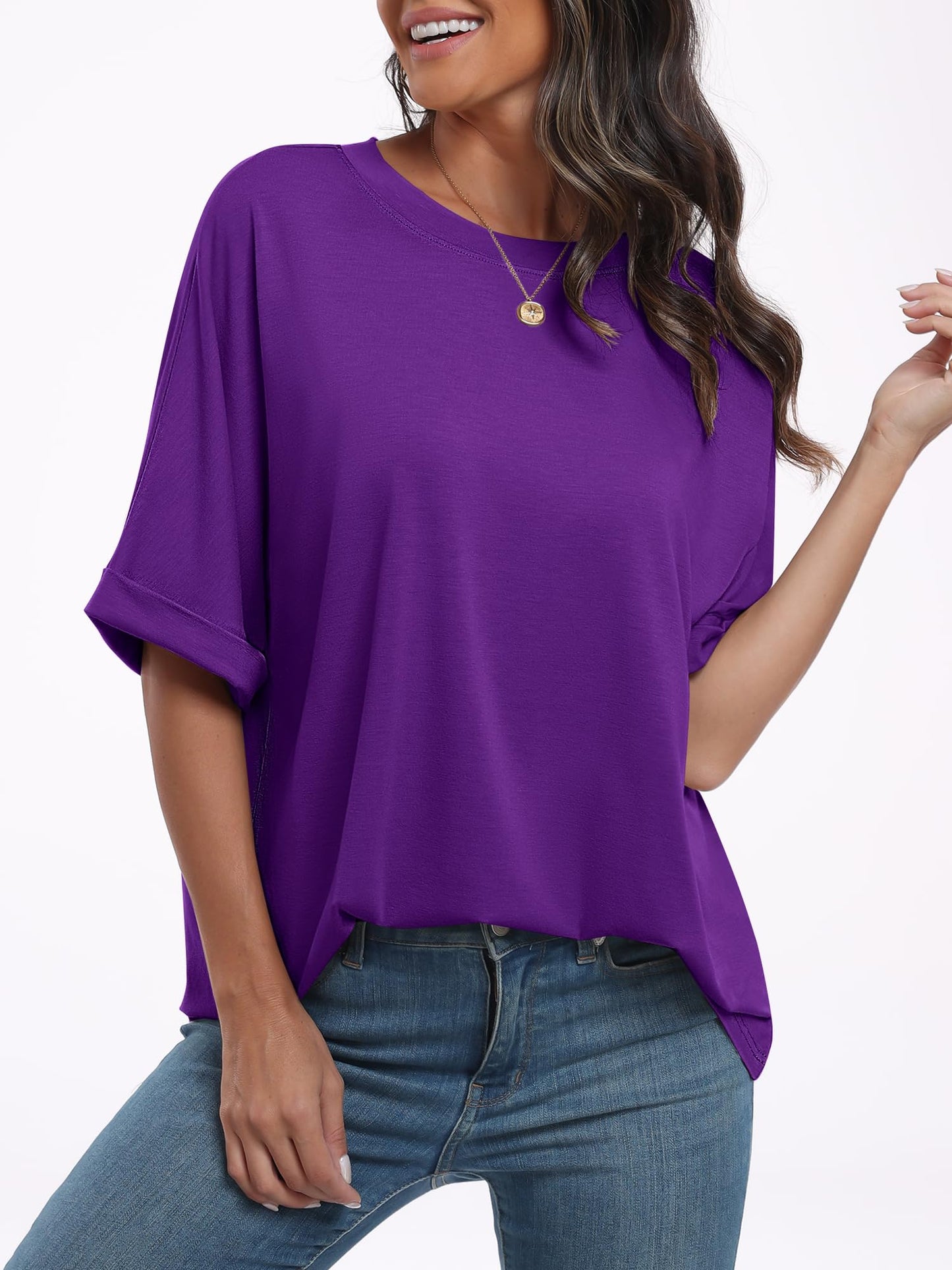 ANRABESS Women's Oversized T Shirts Short Sleeve Crewneck Summer Tops Casual Loose Basic Tee Shirts 2024 Trendy Clothes Dark Purple Small