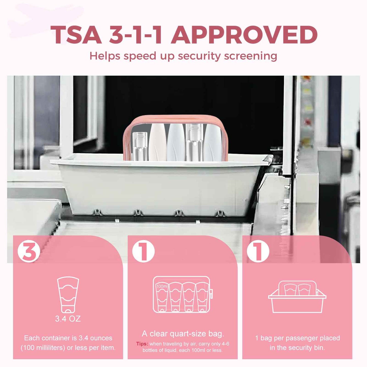 Moyad TSA Approved Clear Toiletry Bag, 1 Pack Quart Size 3-1-1 Liquids Pouch for Travel, Transparent Makeup & Cosmetic Organizer for Women Men, Peach Pink