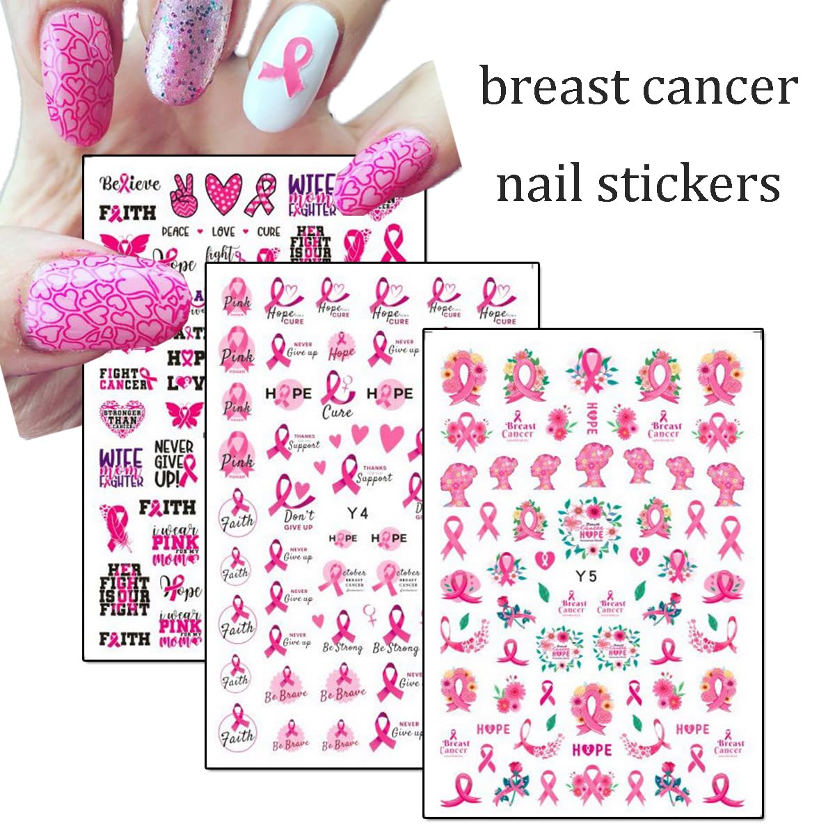 6Sheet Breast Cancer Nail Art Stickers Pink Ribbon Black Letter Nail Stickers Love Heart Design Nail DIY Breast Cancer Awareness Stickers Nail Art Design Nail Decals for Women Girls Nail Supplies.