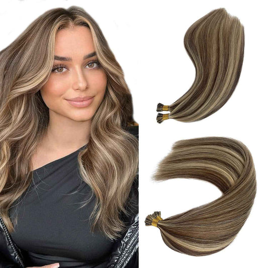 Blonde Highlights I Tip Hair Extensions 50s 50g Pre Bonded Keratin Fusion Itips Hair Extensions #4/613 Medium Brown Mixed Bleach Blonde I Tip Human Hair Extensions 22 Inch