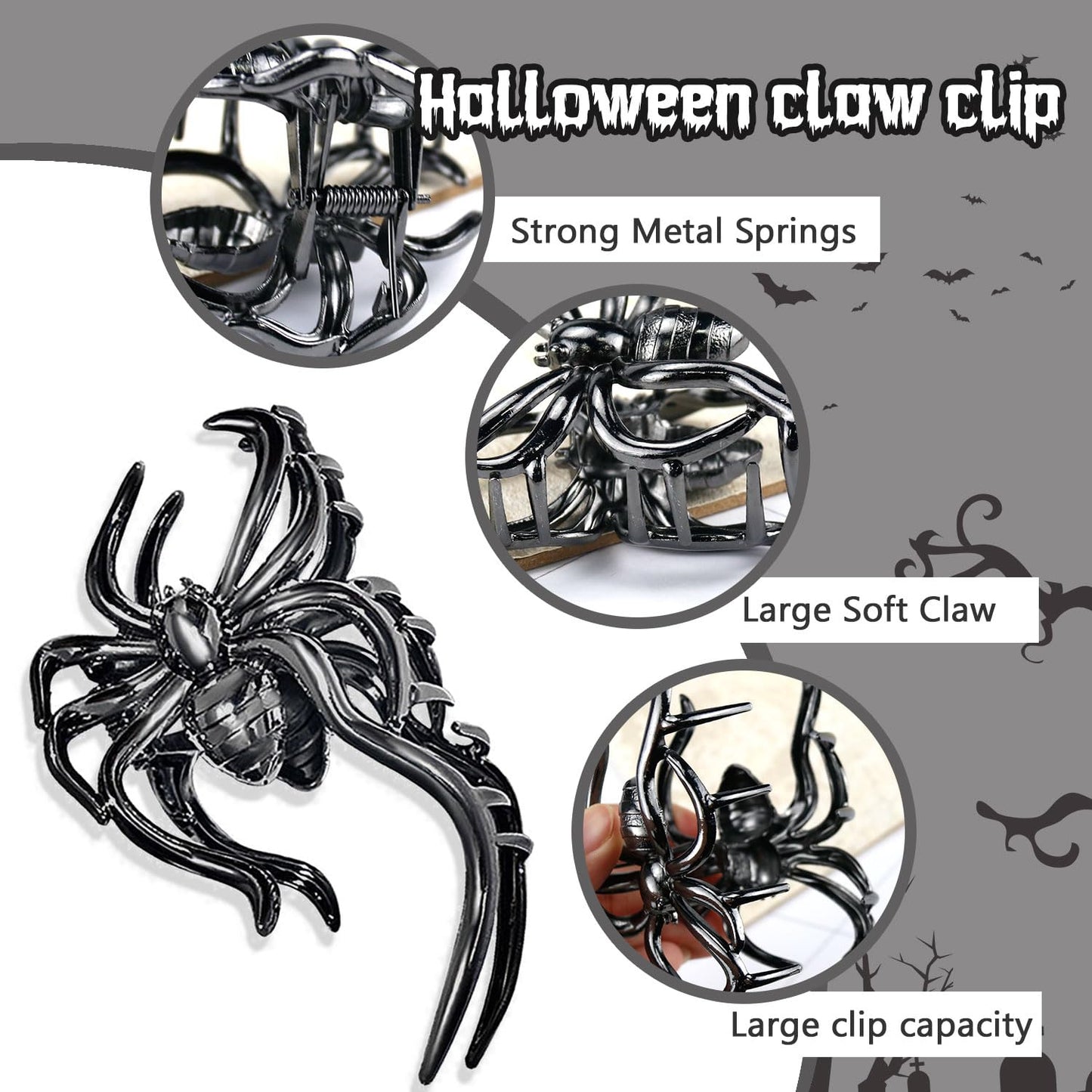 Halloween Metal Hair Claw Clips with Black Spider Design - Strong Hold Large Jaw Clamps for Women's Vintage Hair Styling, 1Pcs